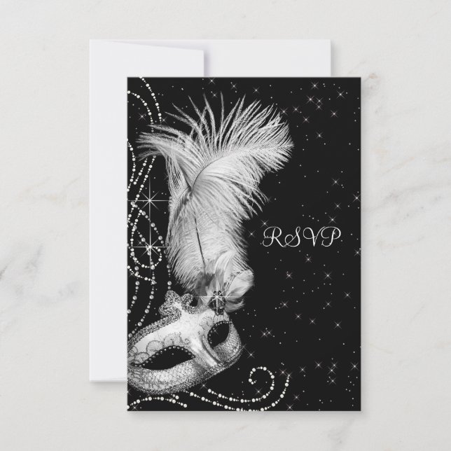 Elegant Black White Masquerade Party RSVP Card (Front)