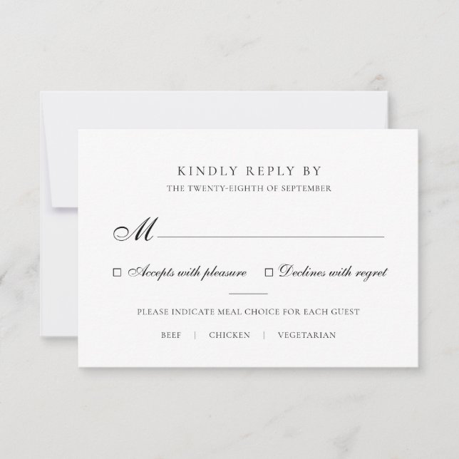 Elegant Black & White Meal Choice Wedding RSVP (Front)