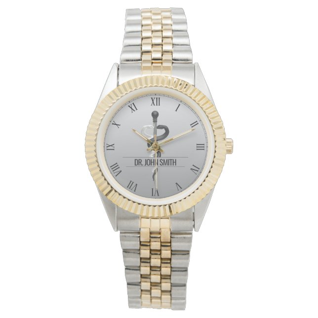 Elegant Black White Medical Asclepius Name Watch (Front)