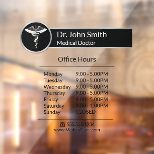 Elegant Black White Medical Caduceus Opening Hours Window Cling