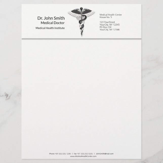 Elegant Black White Medical Classy Noble Caduceus Letterhead (Front)