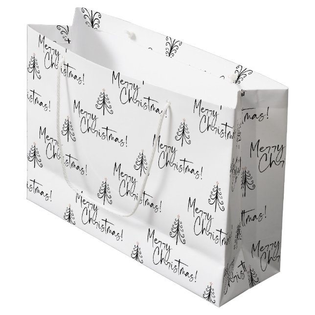 Elegant Black White Merry Christmas Tree Pattern Large Gift Bag (Front Angled)