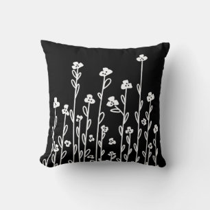 Elegant black white minimalist doodle floral throw pillow