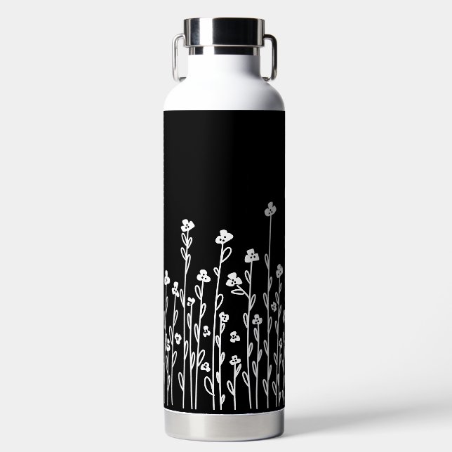 Elegant black white minimalist doodle floral water bottle (Front)