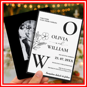 Elegant Black & White Minimalist Floral Wedding  Invitation