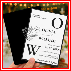 Elegant Black & White   Minimalist Floral Wedding Invitation