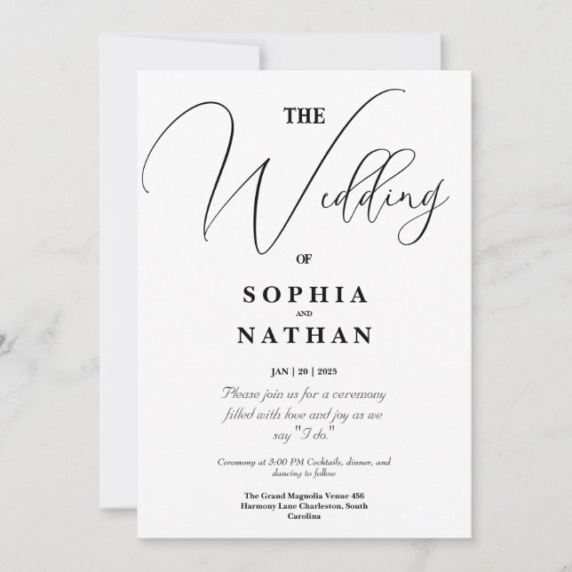 Elegant Black & White Minimalist Wedding  Invitation (Front)