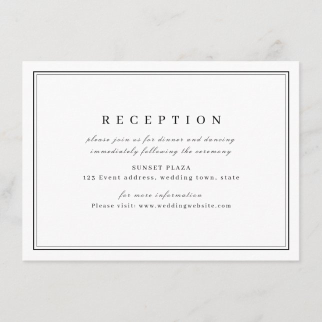 Elegant black white minimalist wedding reception enclosure card (Front)