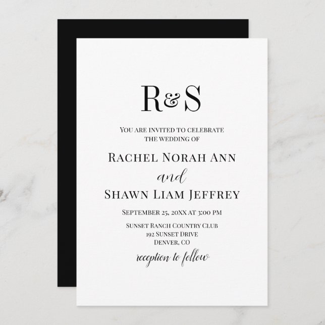 Elegant Black & White Modern Monogram Wedding Invitation (Front/Back)