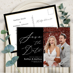 Elegant Black White Modern Script Save The Date Announcement Postcard