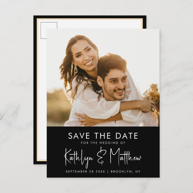 Elegant Black White Modern Script Save The Date Announcement Postcard (Front/Back)