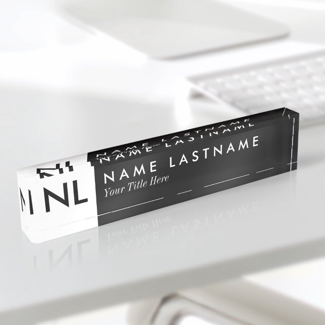 Elegant Black White Monogram Desk Nameplate (Creator Uploaded)