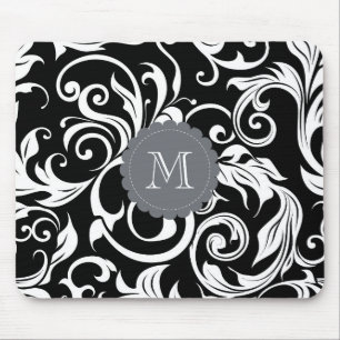 Elegant Black White Monogram Floral Wallpaper Mouse Pad