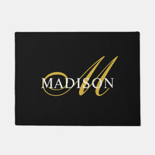 Elegant Black White Monogram Gold Script  Doormat