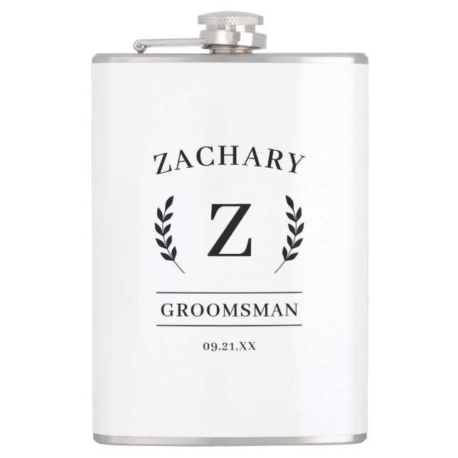 Elegant Black & White Monogram Groomsmen Gift Hip Flask (Front)