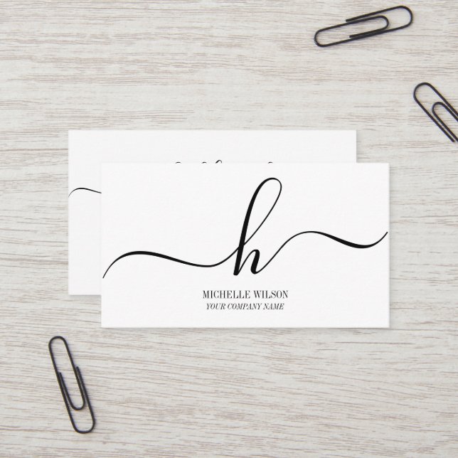Elegant Black White Monogram Initial Script Name  Business Card (Front/Back In Situ)