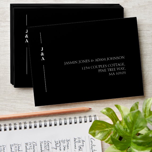 Elegant Black White Monogram Initials Wedding Envelope (Stacked)