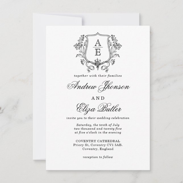 Elegant Black & White Monogram Leaf Crest Wedding Invitation (Front)