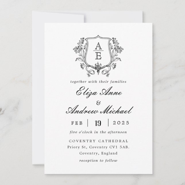Elegant Black & White Monogram Leaf Crest Wedding Invitation (Front)
