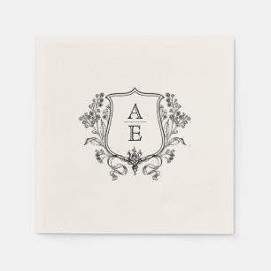 Elegant Black & White Monogram Leaf Crest Wedding Napkin