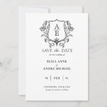 Elegant Black & White Monogram Leaf Crest Wedding