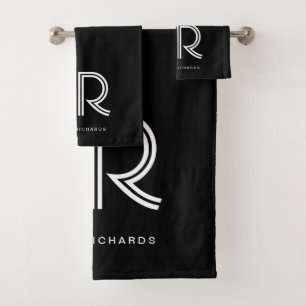 Elegant black white monogram name bath towel set