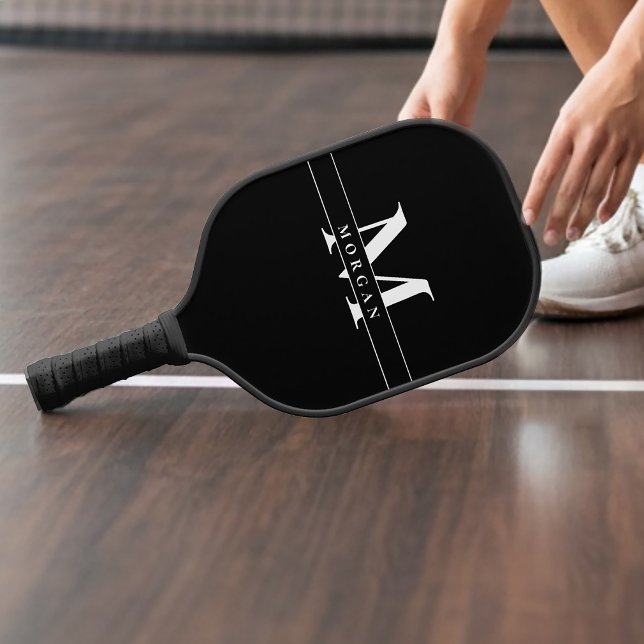 Elegant Black White Monogram Name personalized Pickleball Paddle (Personalized monogrammed pickleball paddle, modern, youthful, high-end athlete)