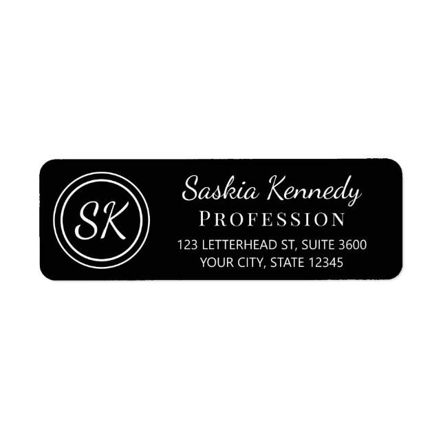 Elegant Black White Monogram Return Address (Front)