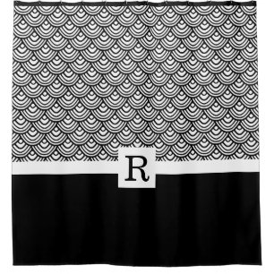 Elegant Black White Monogram Scale Scallop Pattern