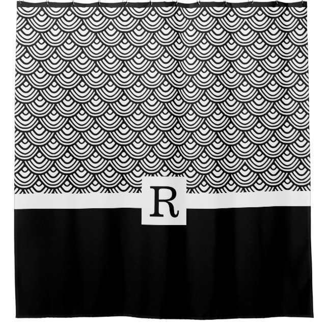 Elegant Black White Monogram Scale Scallop Pattern (Front)