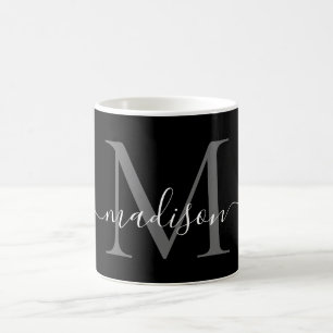 Elegant Black White Monogram Script Stylish Black Coffee Mug
