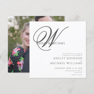 Elegant Black/White Monogram Square Photo Wedding Invitation