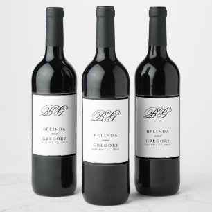 Elegant Black White Monogram Wedding Favor Wine Label