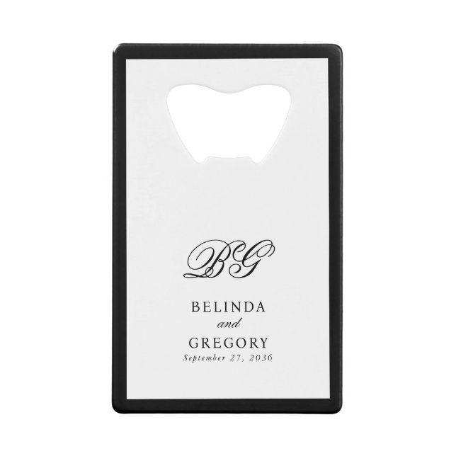 Elegant Black White Monogram Wedding Favour Credit Card Bottle Opener (Front)