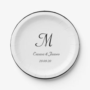 Elegant Black & White Monogram Wedding Paper Plate
