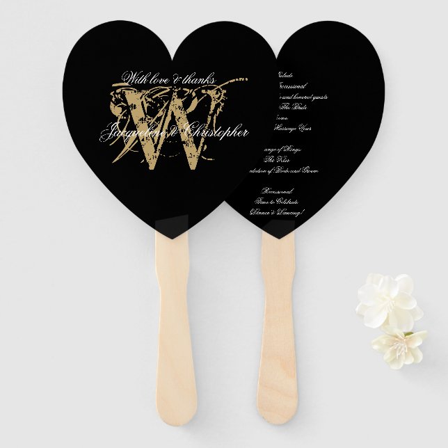 Elegant Black & White Monogram Wedding Program Hand Fan (Front and Back)