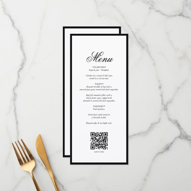 Elegant Black White Monogram Wedding QR Code Menu (Front/Back In Situ)