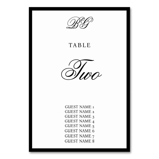 Elegant Black White Monogram Wedding Seating Chart Table Number (Front)