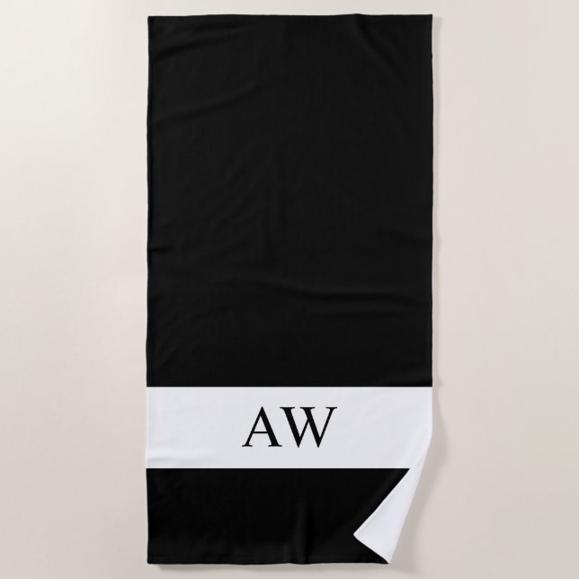 Elegant Black White Monogrammed Beach Towel (Front)
