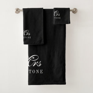 Elegant Black & White Mrs Name Bath Towel Set