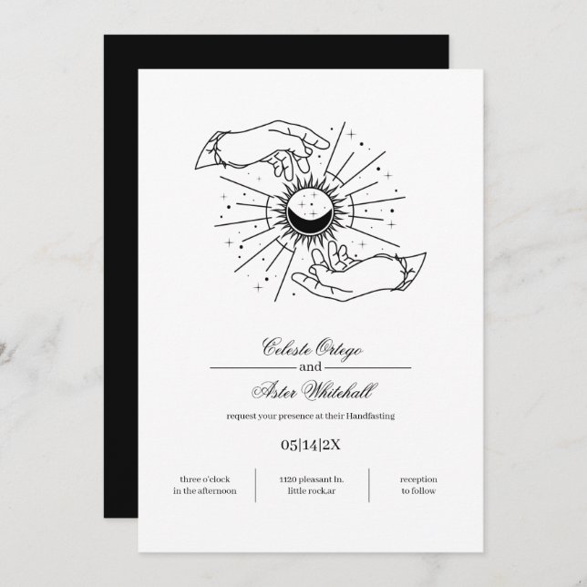 Elegant Black & White Mystical Hands Handfasting Invitation (Front/Back)