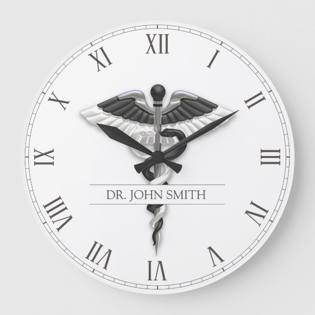 Elegant Black White Noble Classy Medical Caduceus Large Clock (Front)