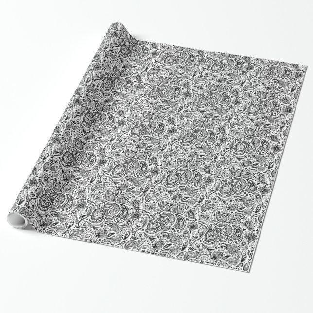 Elegant Black & White Ornate Floral Paisley Wrapping Paper (Unrolled)