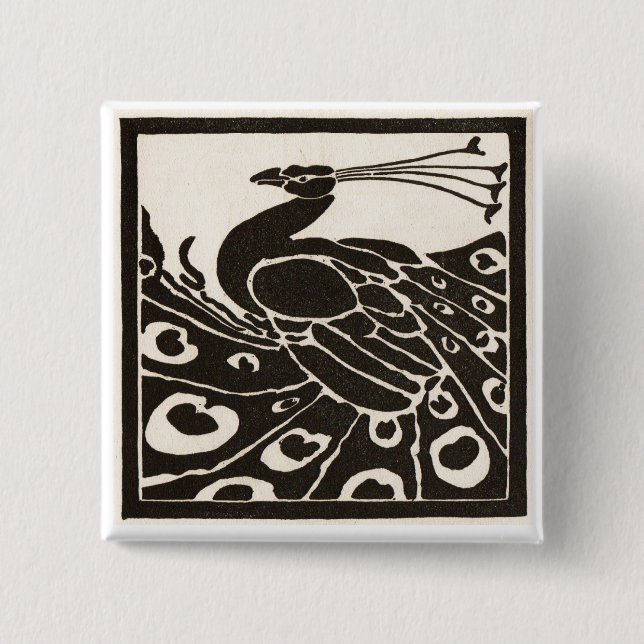 ELEGANT BLACK WHITE PEACOCK 2 INCH SQUARE BUTTON (Front)