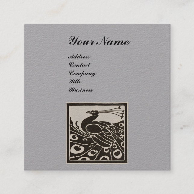 ELEGANT BLACK WHITE PEACOCK MONOGRAM Grey Paper Square Business Card (Front)