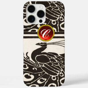 ELEGANT BLACK WHITE PEACOCK RED RUBY GEM MONOGRAM iPhone 16 PRO MAX CASE