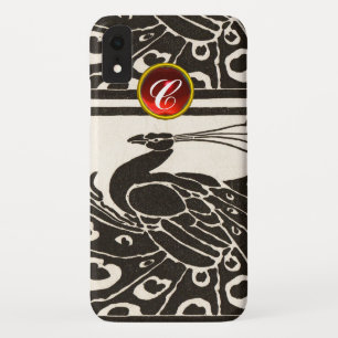 ELEGANT BLACK WHITE PEACOCK RED RUBY GEM MONOGRAM iPhone XR CASE