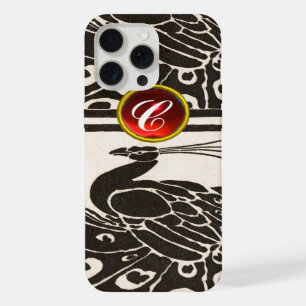 ELEGANT BLACK WHITE PEACOCK RED RUBY GEM MONOGRAM iPhone 15 PRO MAX CASE