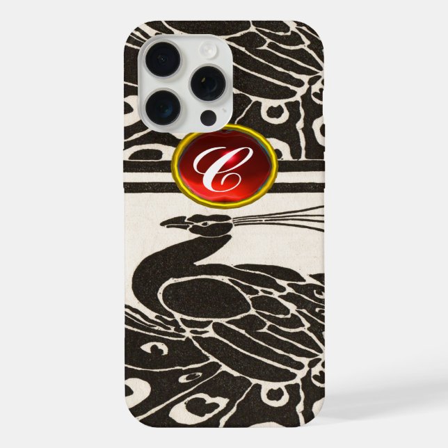 ELEGANT BLACK WHITE PEACOCK RED RUBY GEM MONOGRAM iPhone CASE (Back)