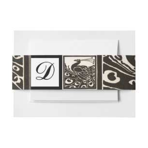 ELEGANT BLACK WHITE PEACOCK SQUARE  MONOGRAM INVITATION BELLY BAND